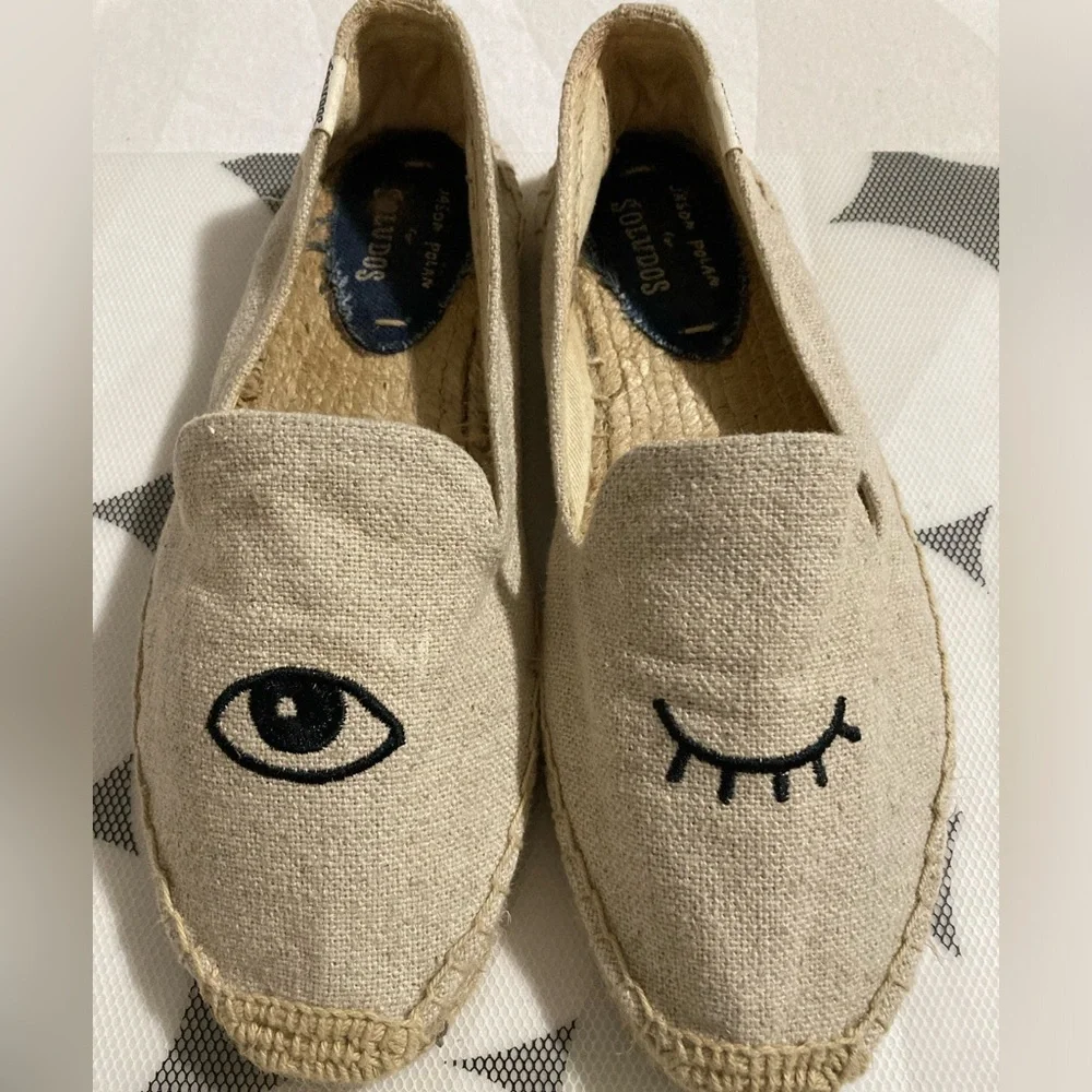 Soludos Beige Espadrille Slippers with Black Eye Embroidery